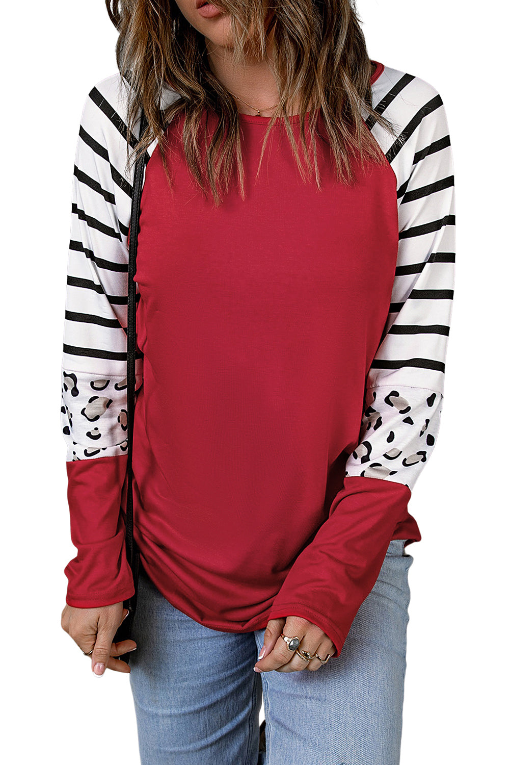Red Striped Animal Print Color block Long Sleeve Top