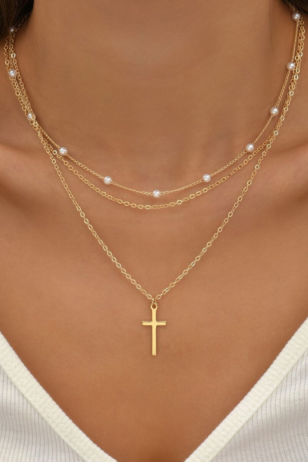 Gold Plated Cross & Pearl Necklace