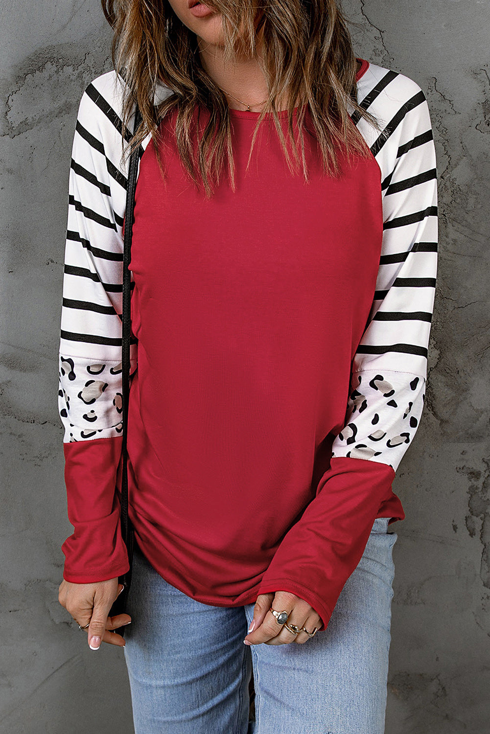 Red Striped Animal Print Color block Long Sleeve Top