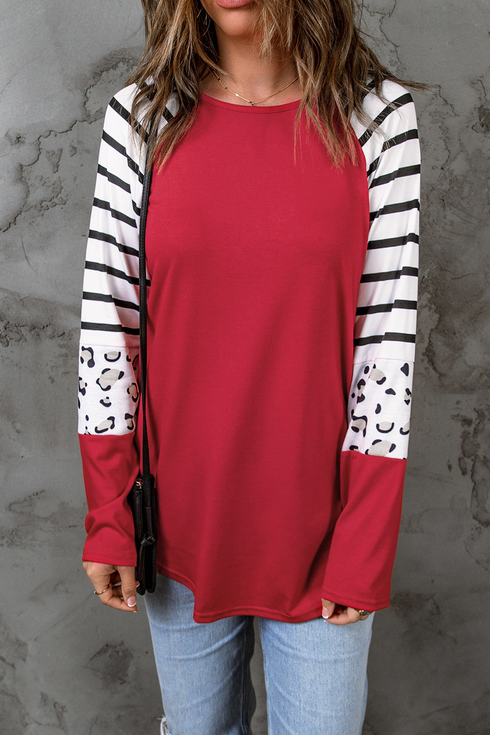 Red Striped Animal Print Color block Long Sleeve Top
