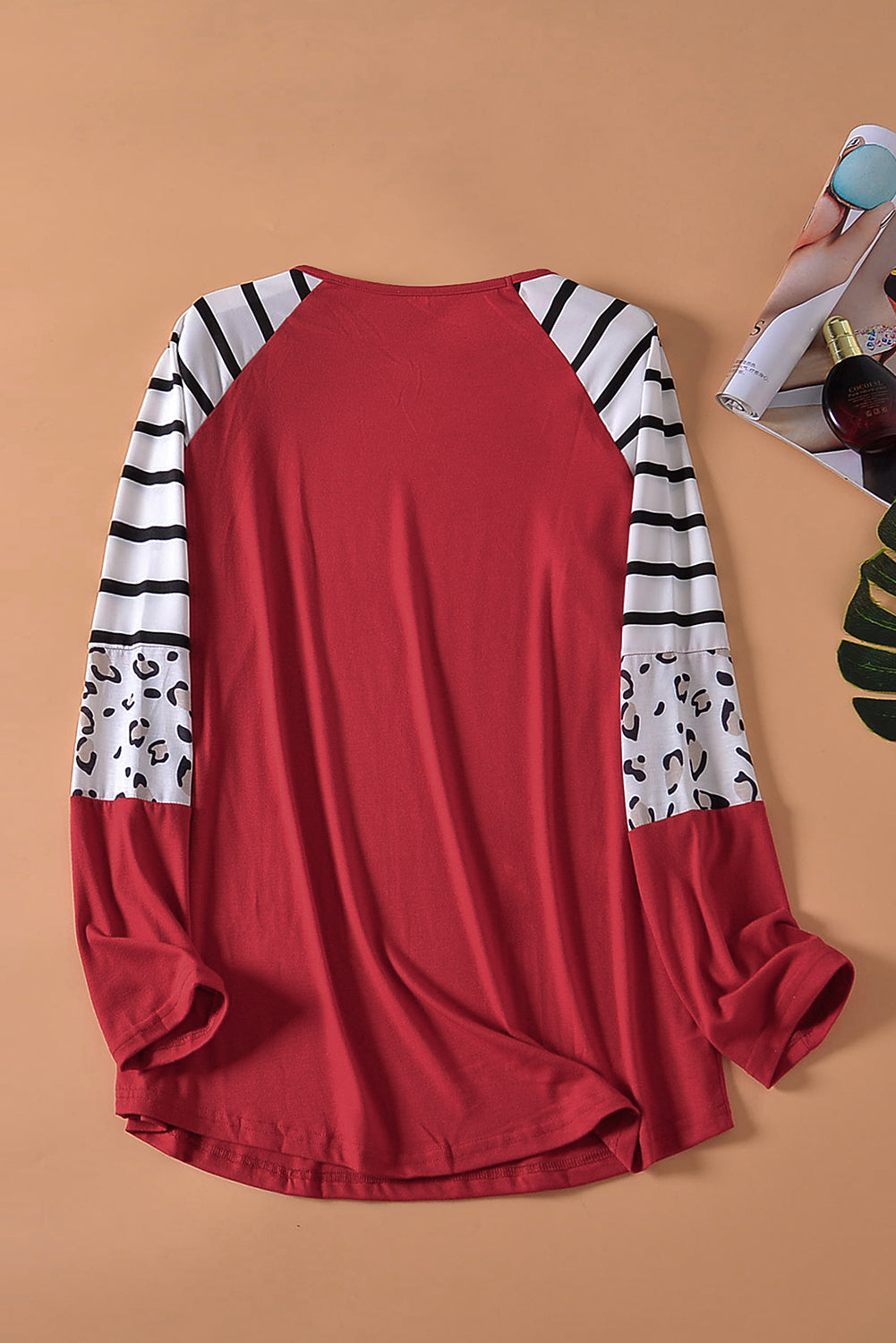 Red Striped Animal Print Color block Long Sleeve Top