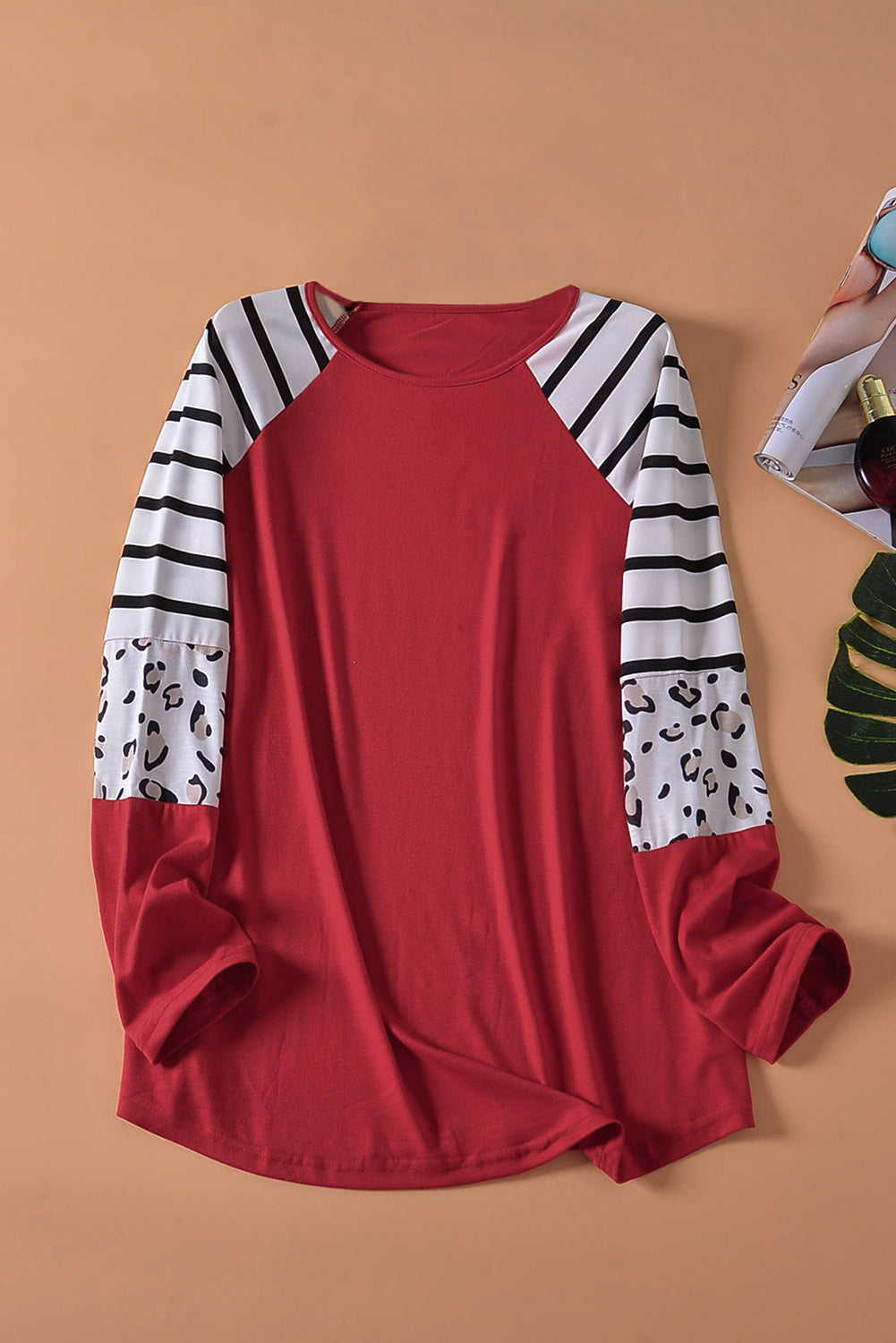 Red Striped Animal Print Color block Long Sleeve Top