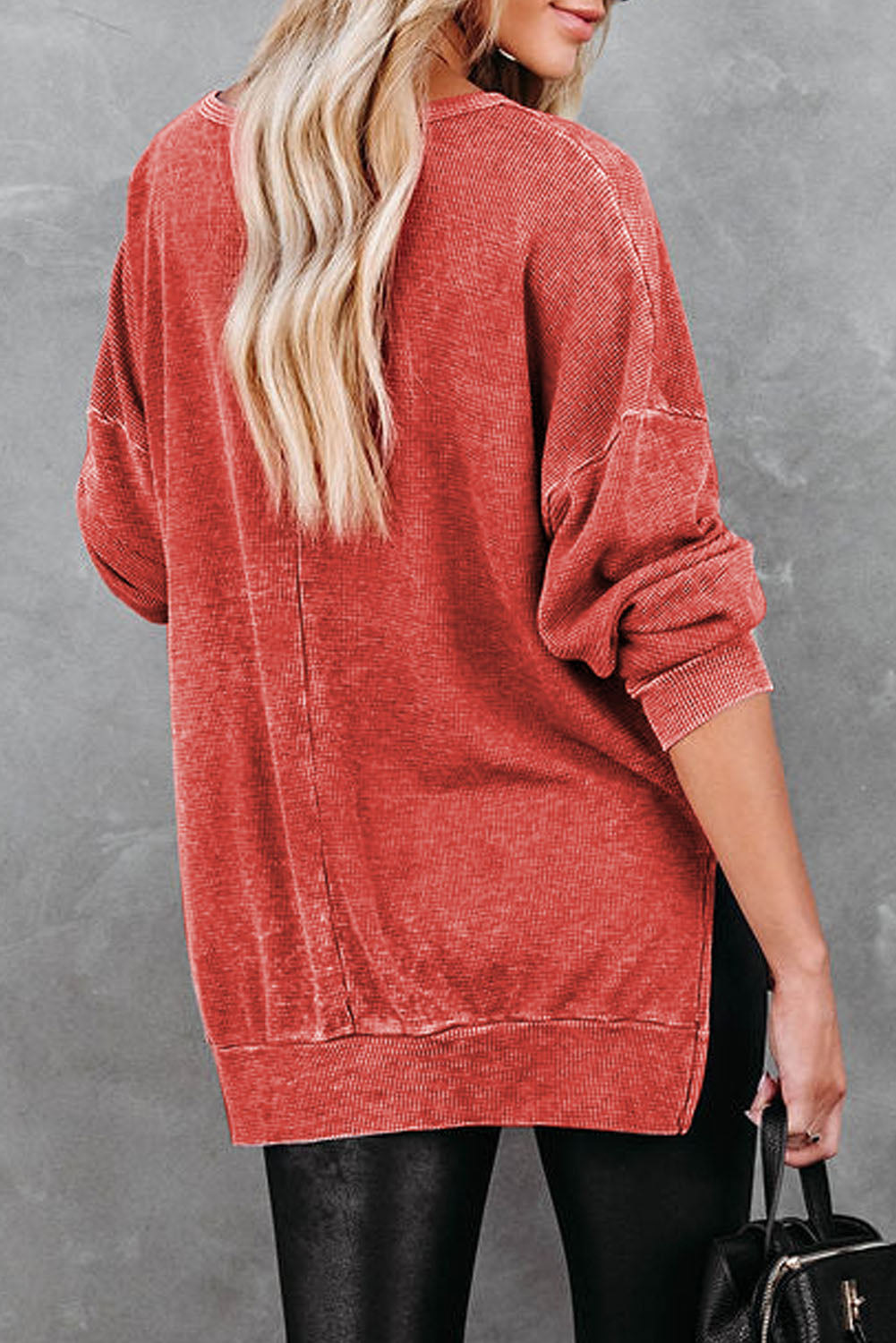 Waffle Knit Side Slit Pullover Top