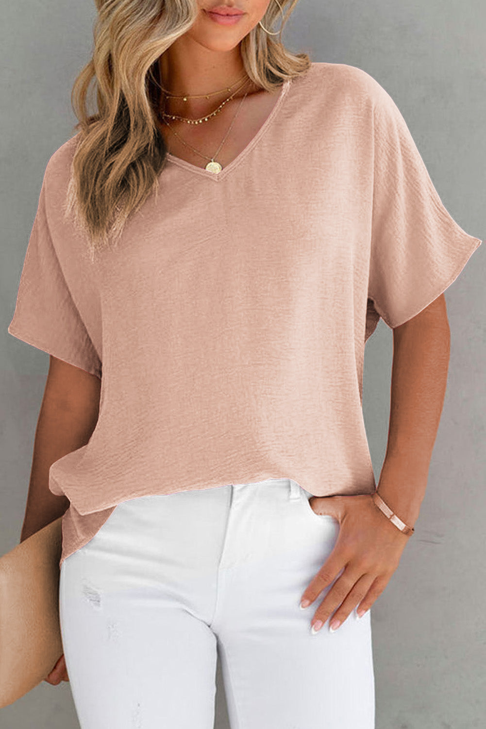 Pink Solid V-Neck Short Sleeve Blouse