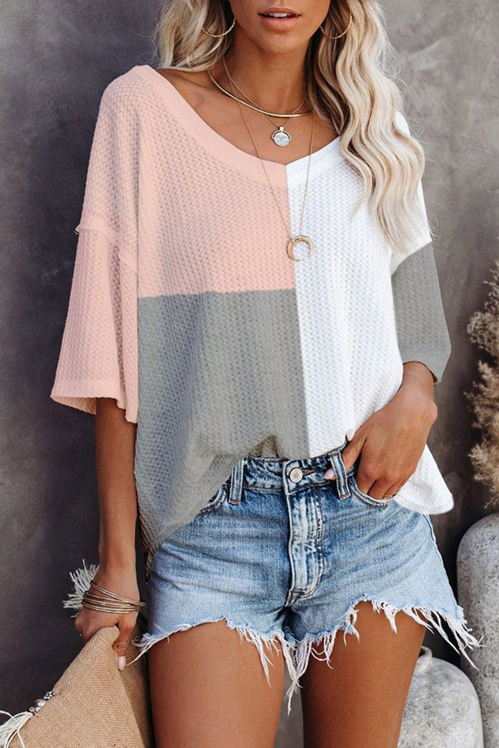 Multicolor Waffle Color block Wide Sleeve Oversized Top