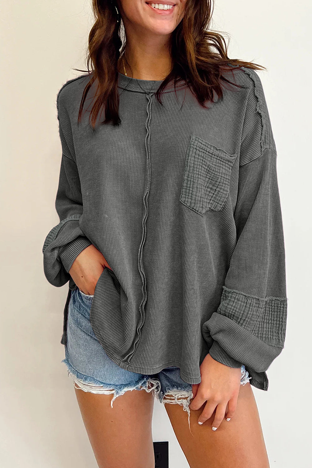 Gray Oversized Waffle Knit Top