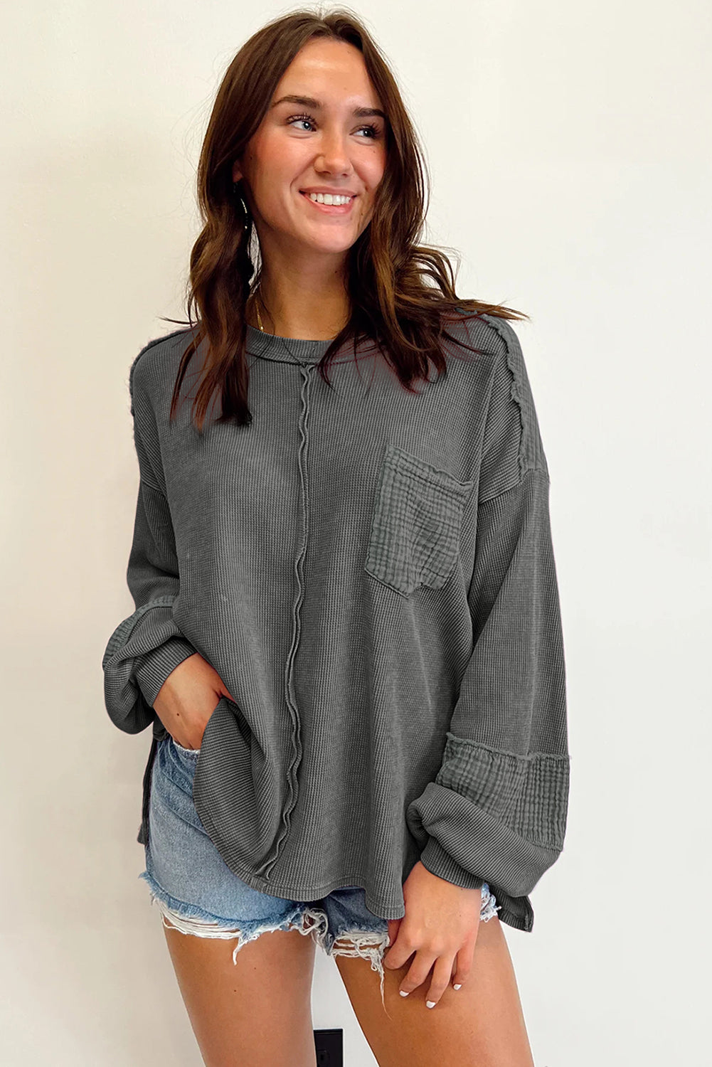 Gray Oversized Waffle Knit Top