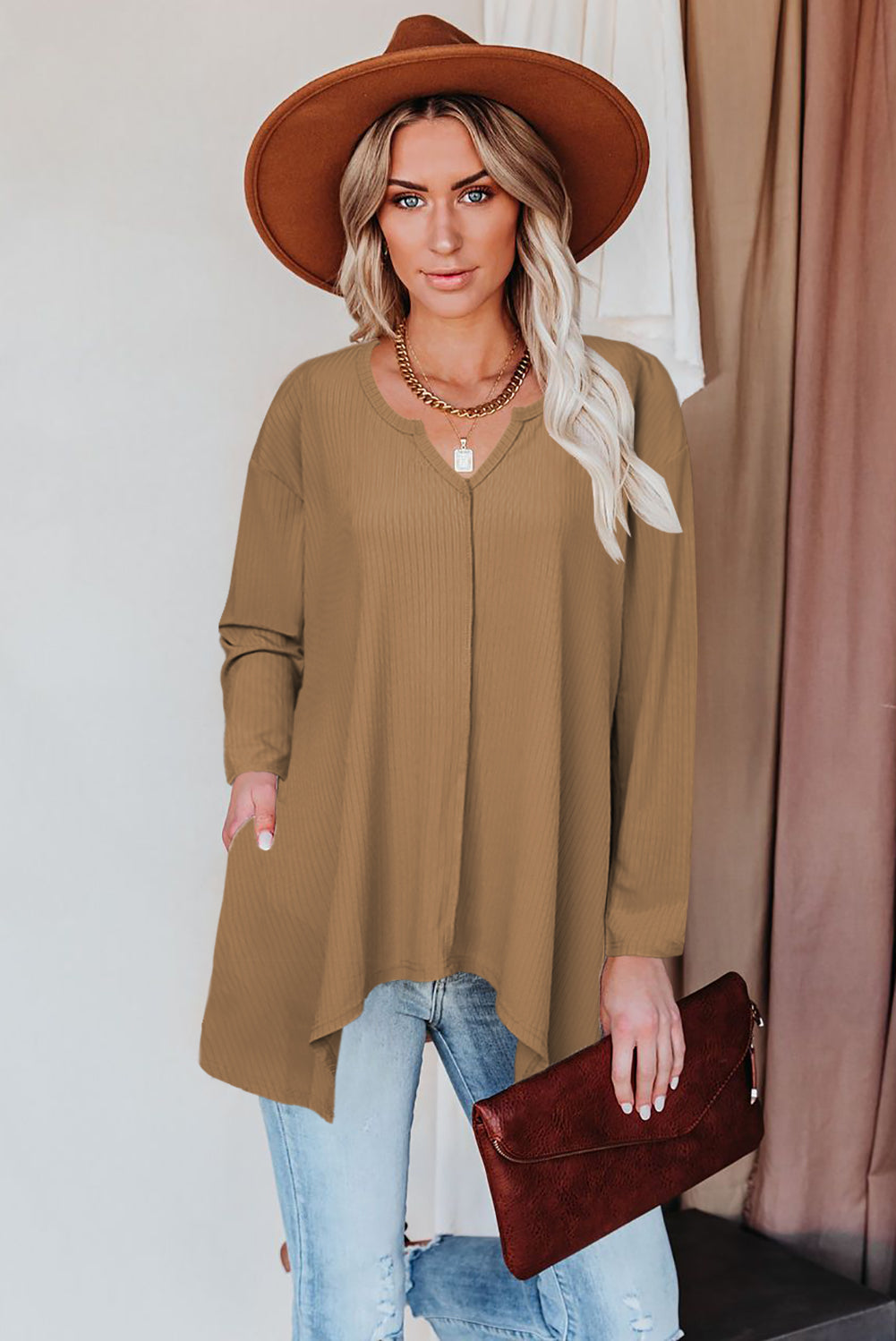 Asymmetric Hemline Long Sleeve Top w/ Pockets