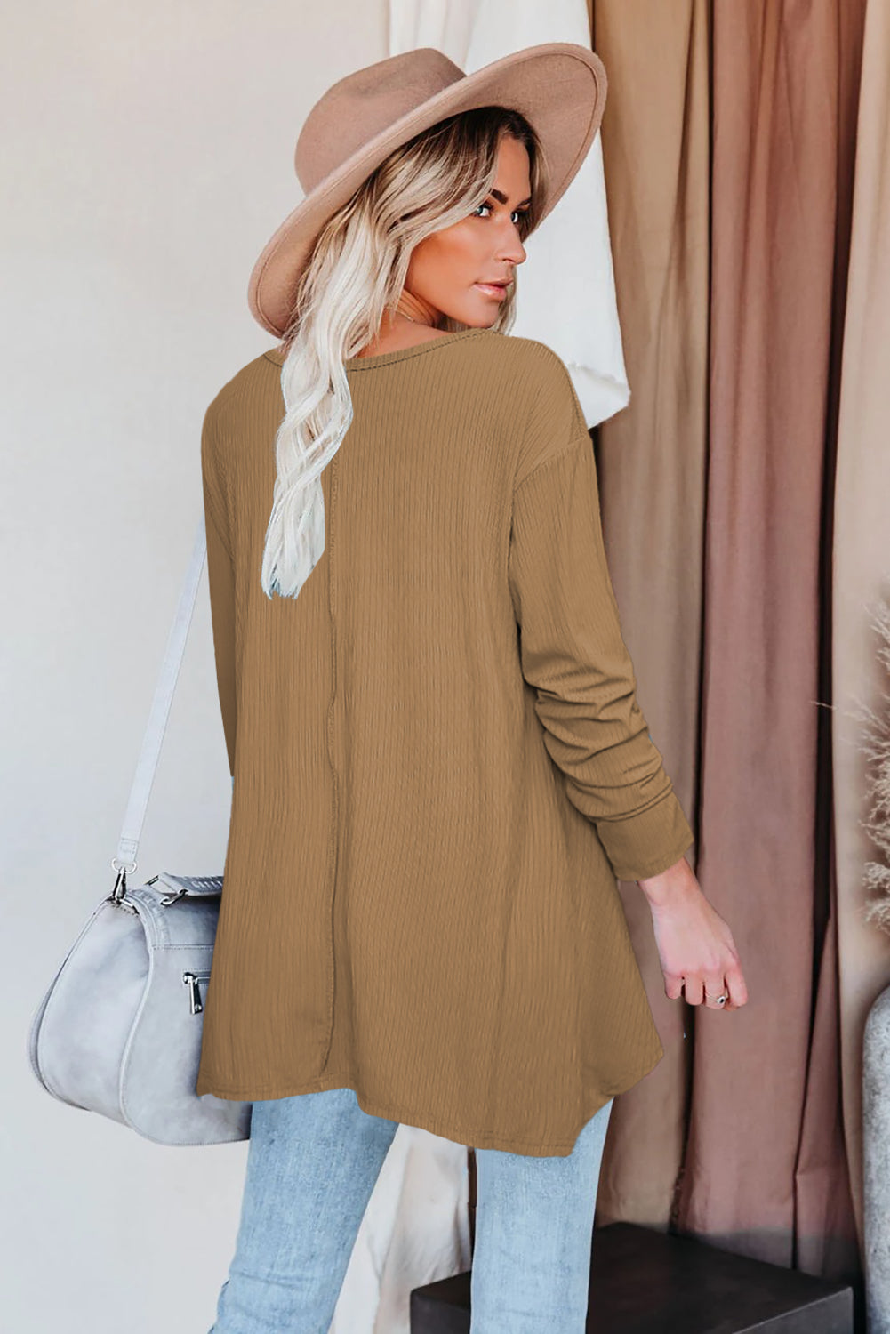 Asymmetric Hemline Long Sleeve Top w/ Pockets