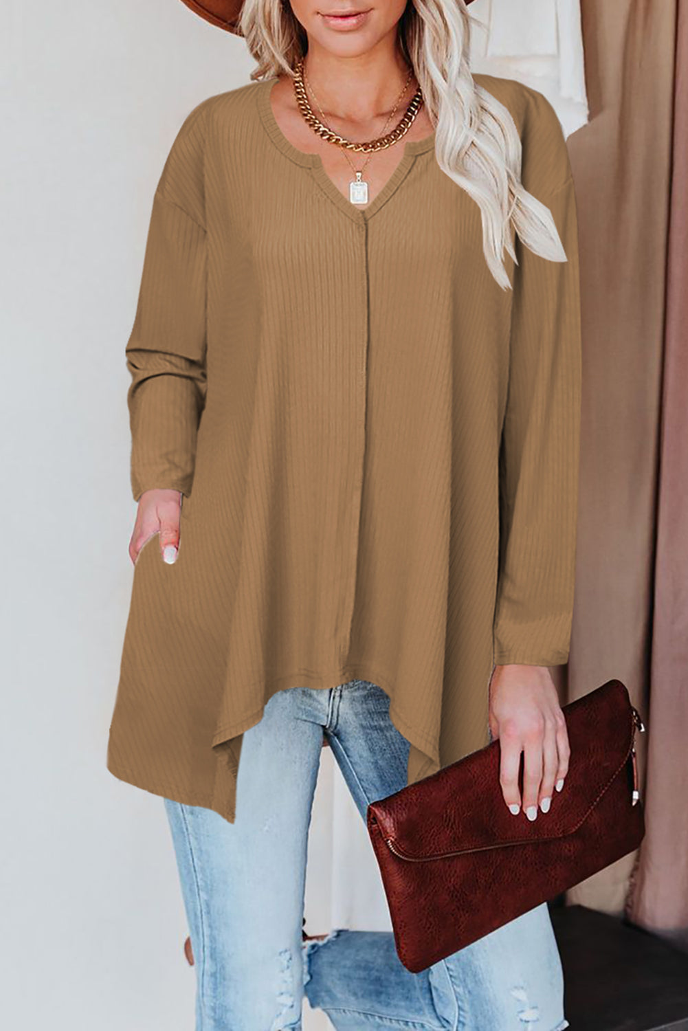 Asymmetric Hemline Long Sleeve Top w/ Pockets