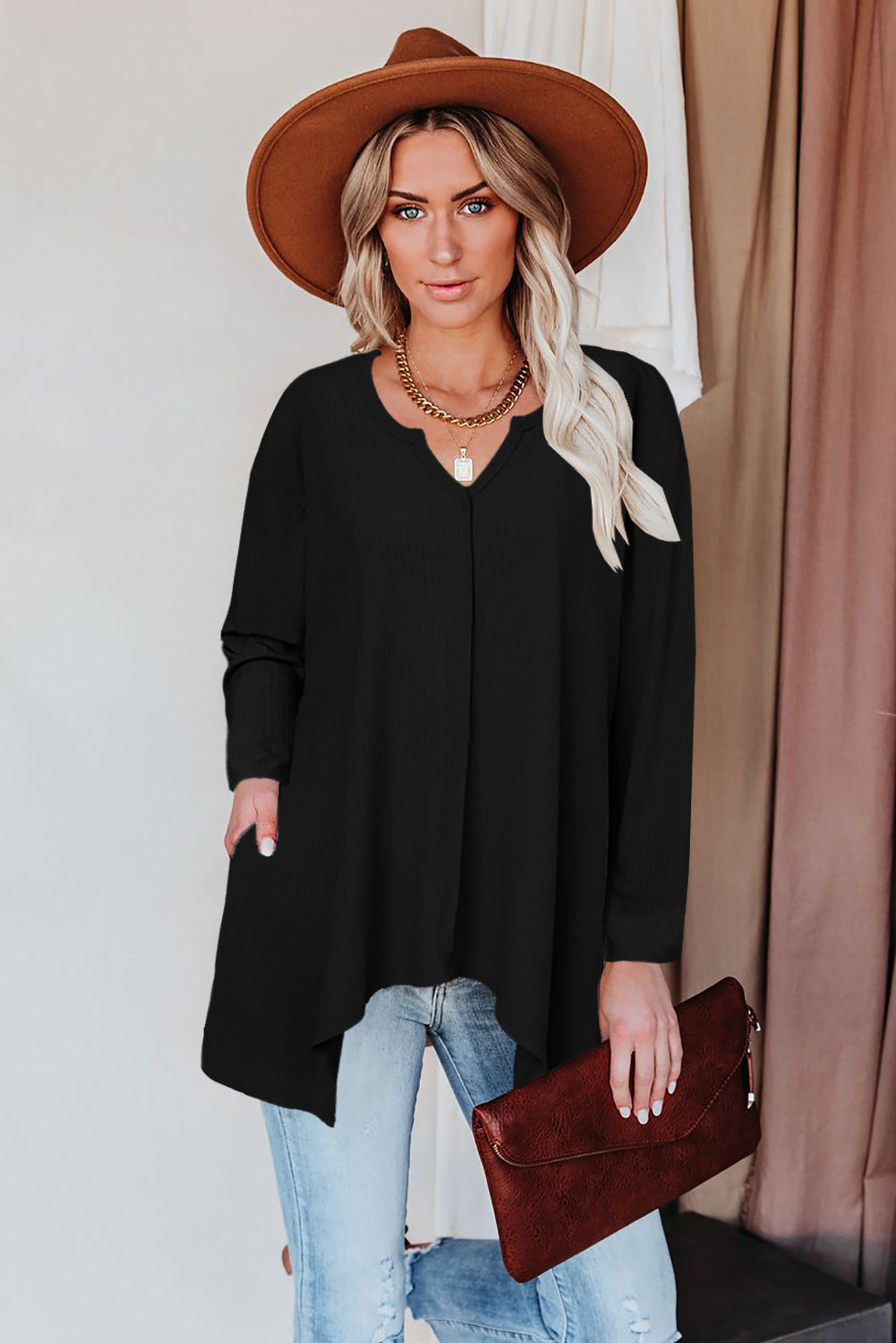 Asymmetric Hemline Long Sleeve Top w/ Pockets