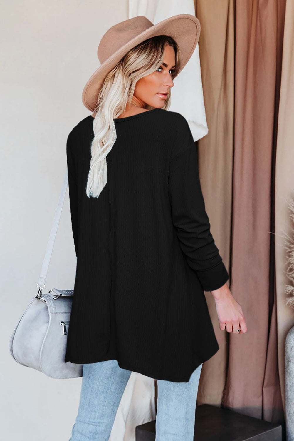 Asymmetric Hemline Long Sleeve Top w/ Pockets