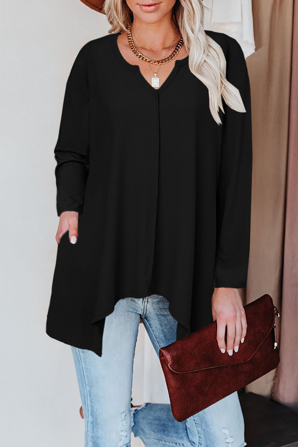 Asymmetric Hemline Long Sleeve Top w/ Pockets