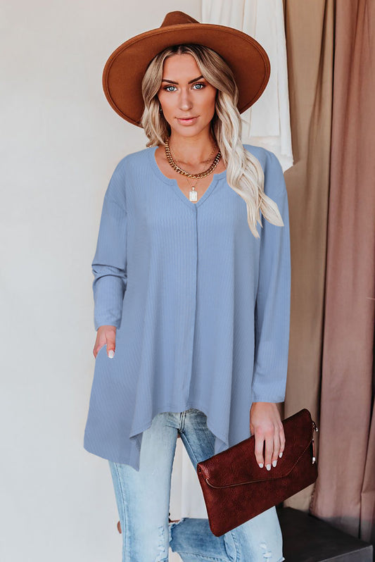 Asymmetric Hemline Long Sleeve Top w/ Pockets