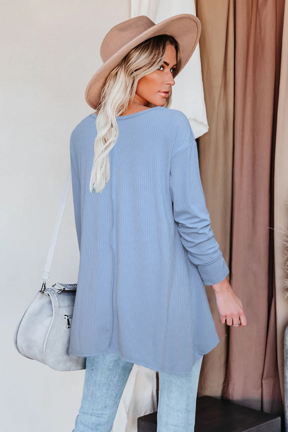 Asymmetric Hemline Long Sleeve Top w/ Pockets