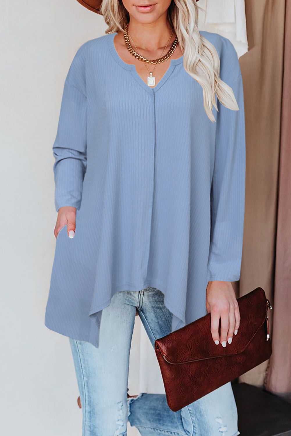 Asymmetric Hemline Long Sleeve Top w/ Pockets