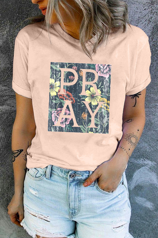 Pink 'Pray' Floral Print T-shirt