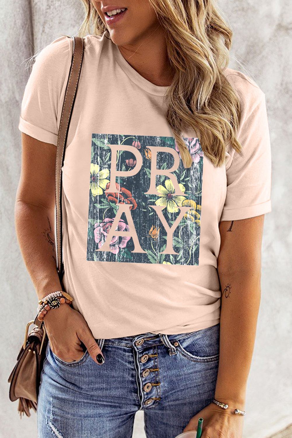 Pink 'Pray' Floral Print T-shirt