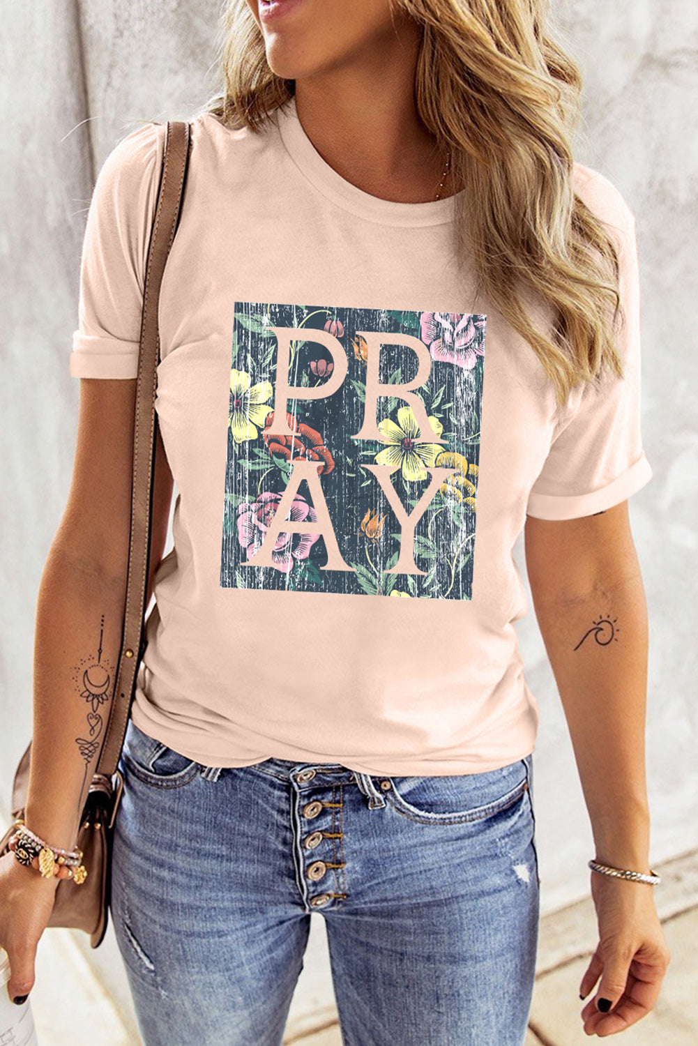 Pink 'Pray' Floral Print T-shirt