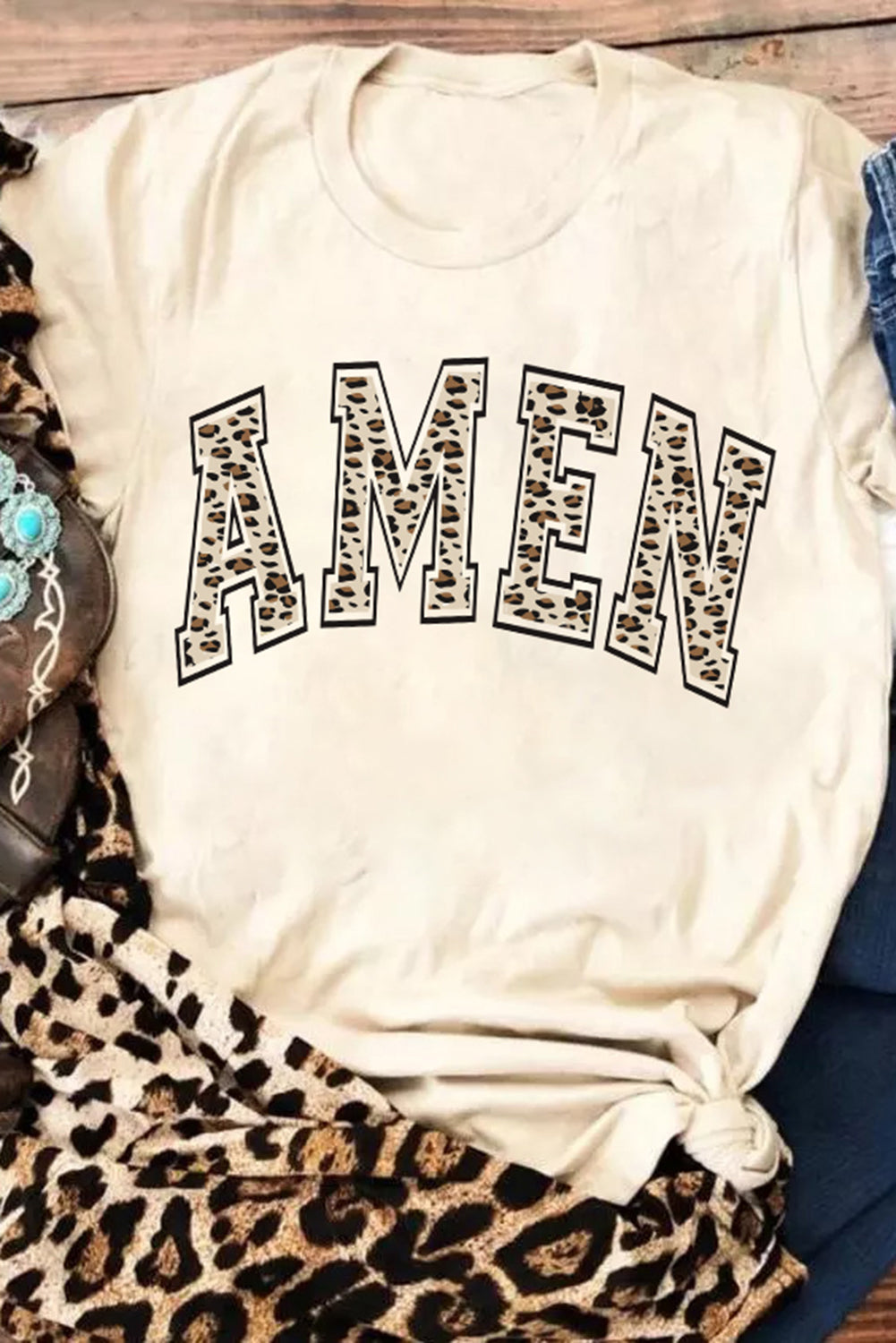 Khaki Leopard 'Amen' Print T-Shirt