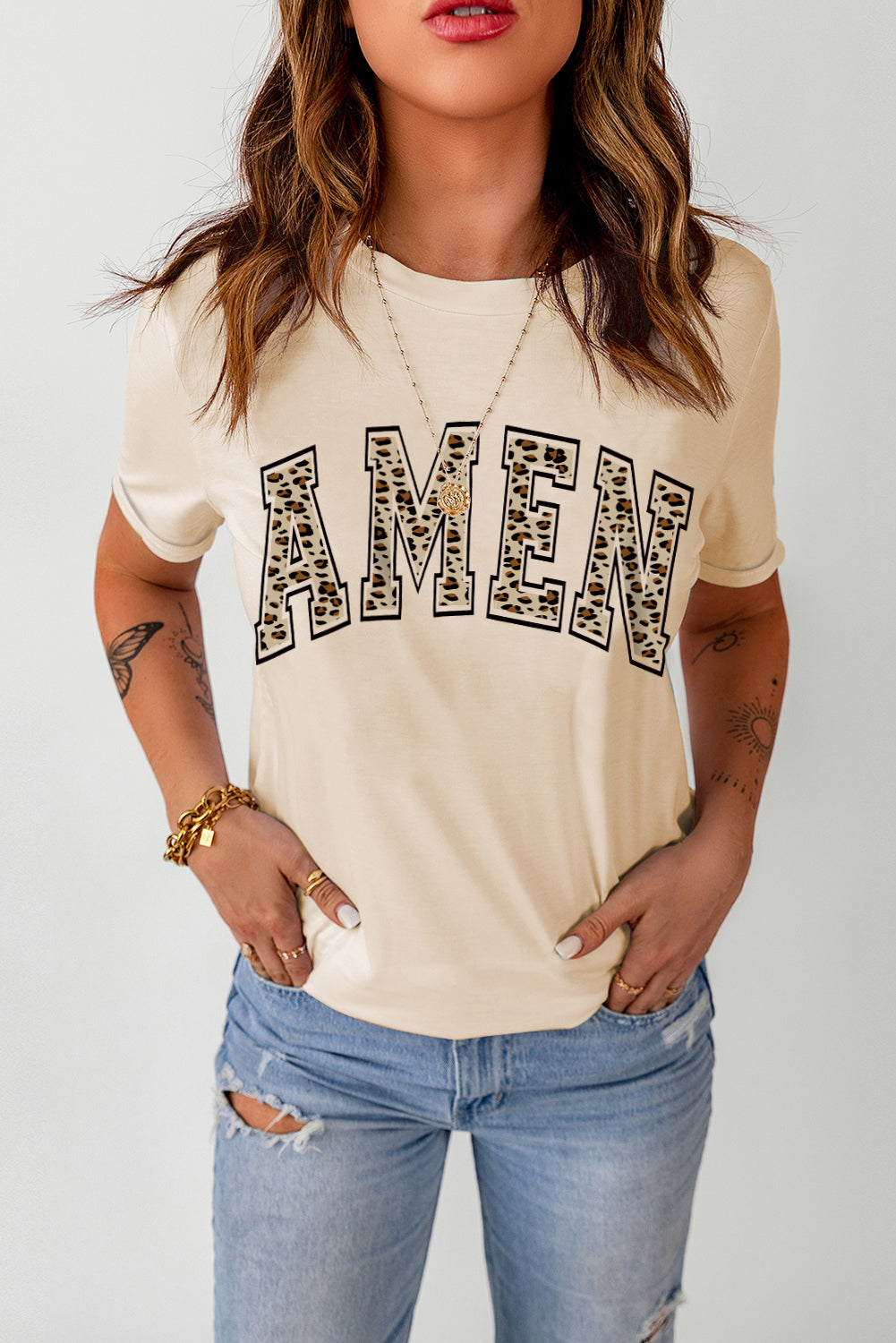 Khaki Leopard 'Amen' Print T-Shirt