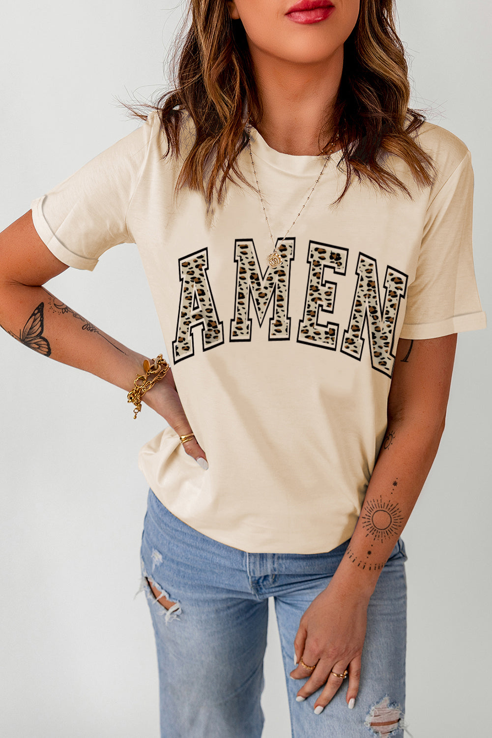 Khaki Leopard 'Amen' Print T-Shirt