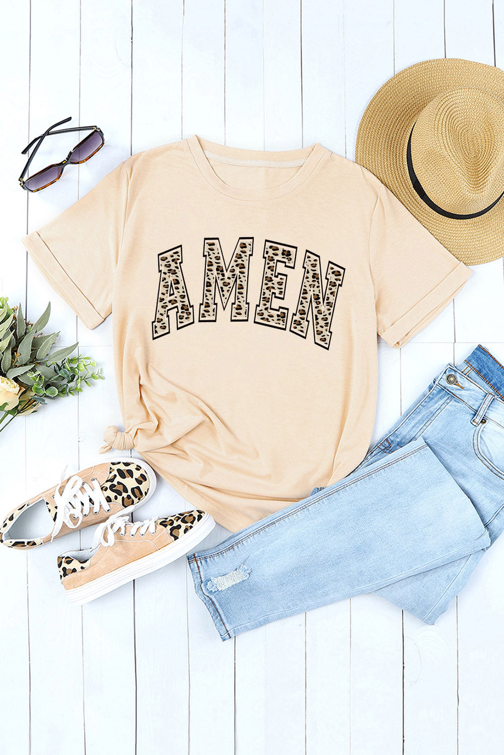 Khaki Leopard 'Amen' Print T-Shirt