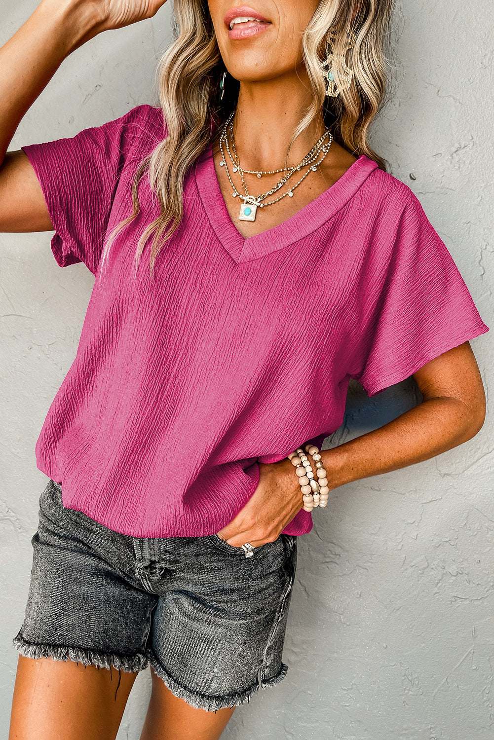 Pink Crinkled V Neck Wide Sleeve T-Shirt