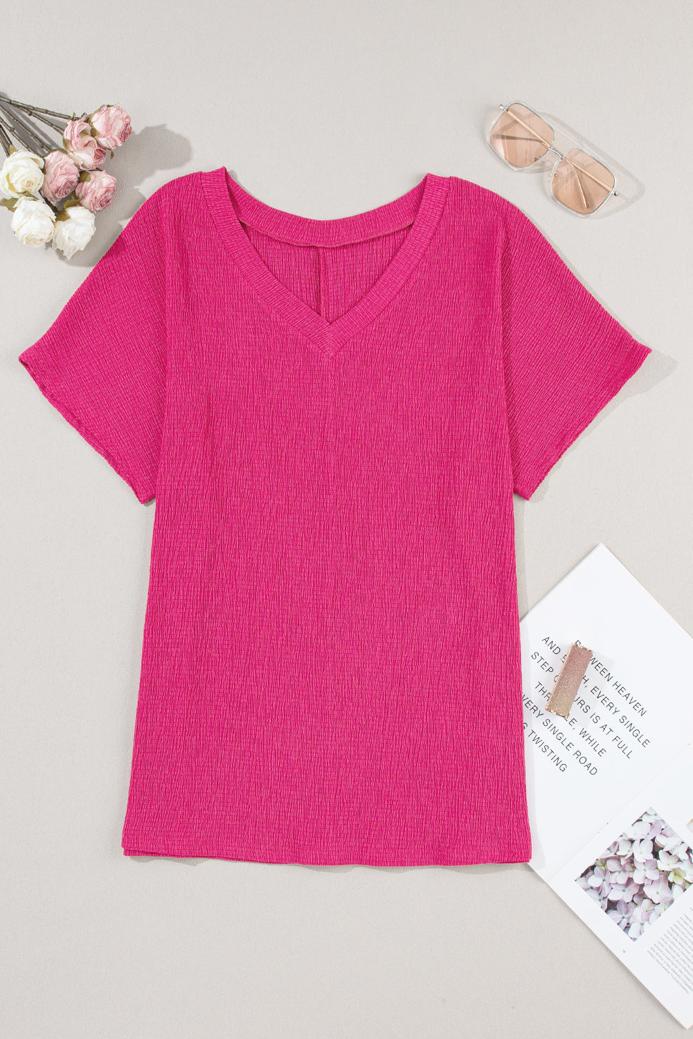 Pink Crinkled V Neck Wide Sleeve T-Shirt