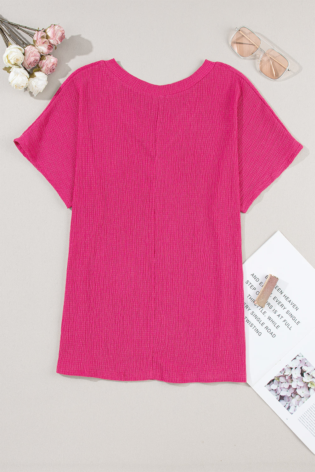 Pink Crinkled V Neck Wide Sleeve T-Shirt
