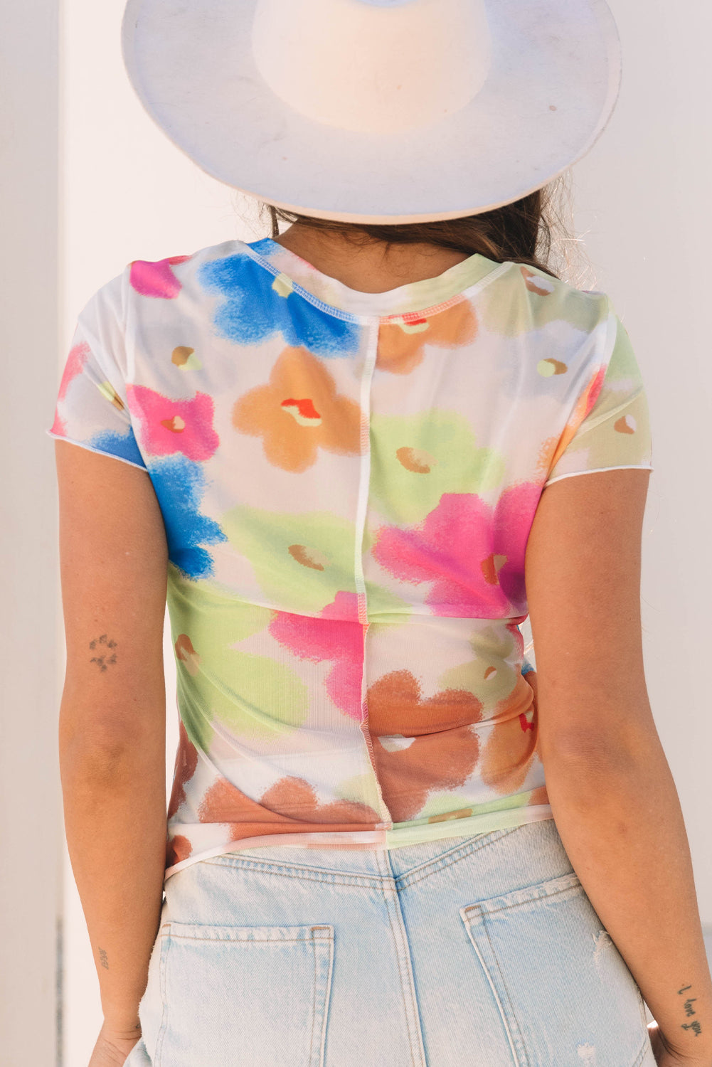 Floral Mesh Lettuce Trim Cropped T-Shirt