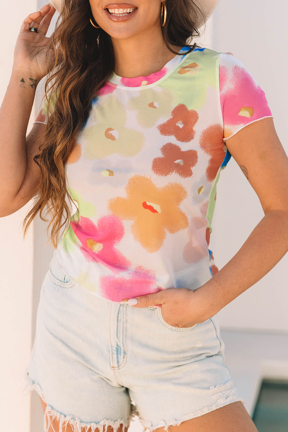 Floral Mesh Lettuce Trim Cropped T-Shirt