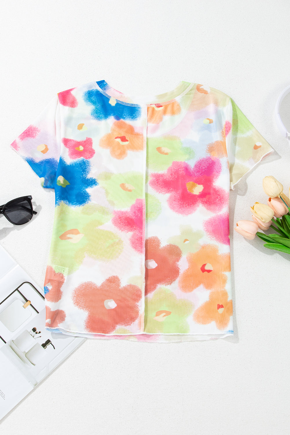 Floral Mesh Lettuce Trim Cropped T-Shirt