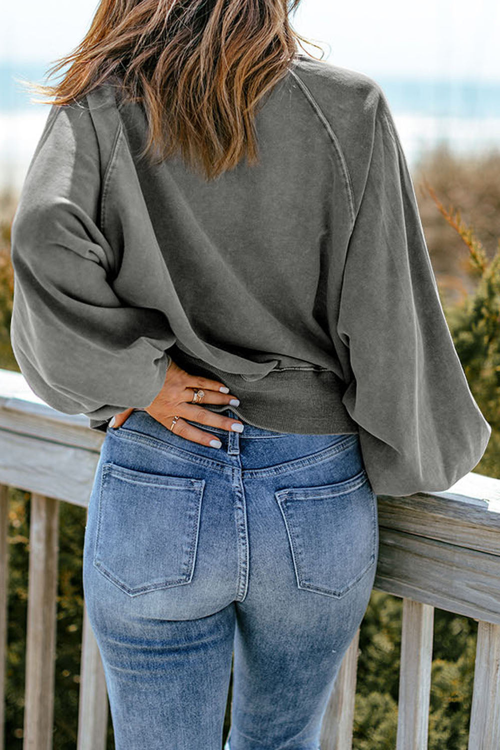 Gray Lantern Sleeve Pullover Sweatshirt