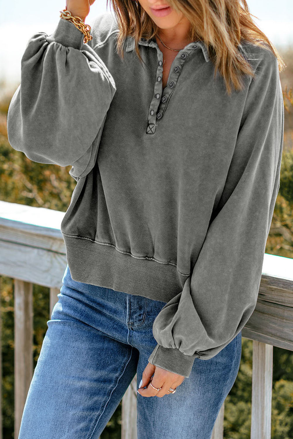 Gray Lantern Sleeve Pullover Sweatshirt