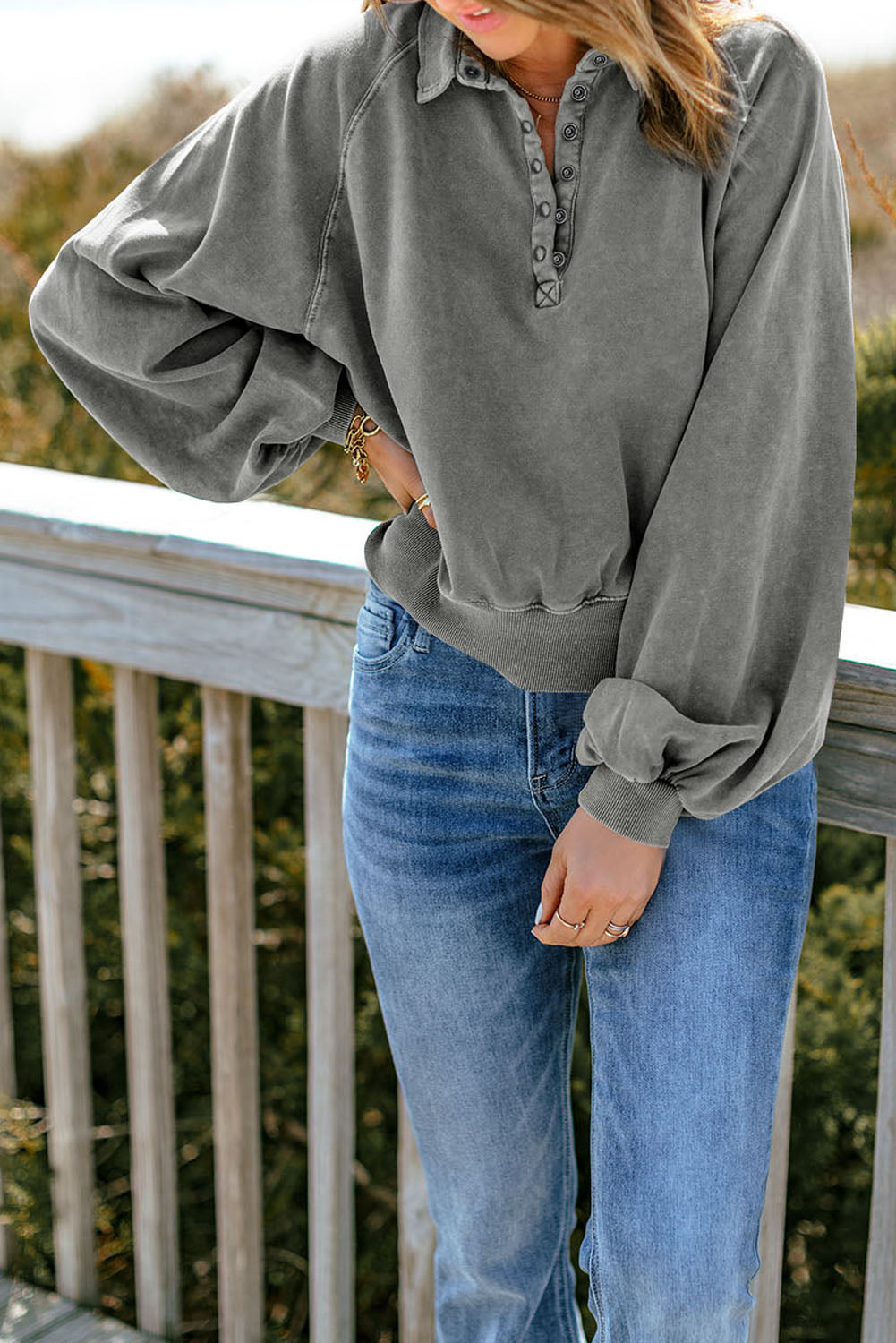 Gray Lantern Sleeve Pullover Sweatshirt