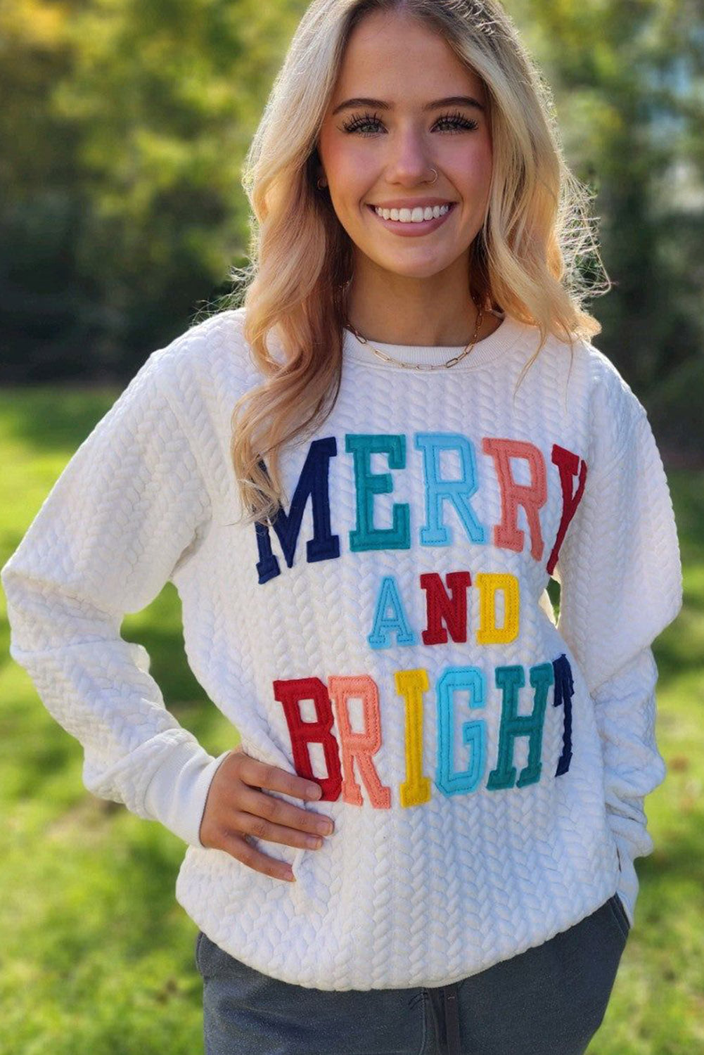 Merry And Bright Cable Knit Pullover Sweatshirt