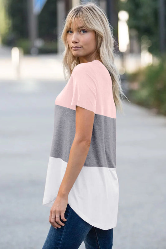 Pink Color Block V Neck T-Shirt