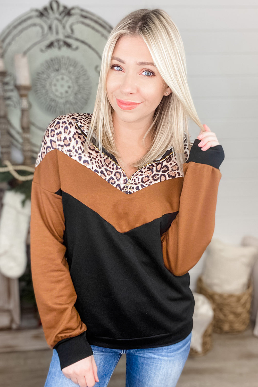 Chevron Leopard Quarter Zip Sweatshirt