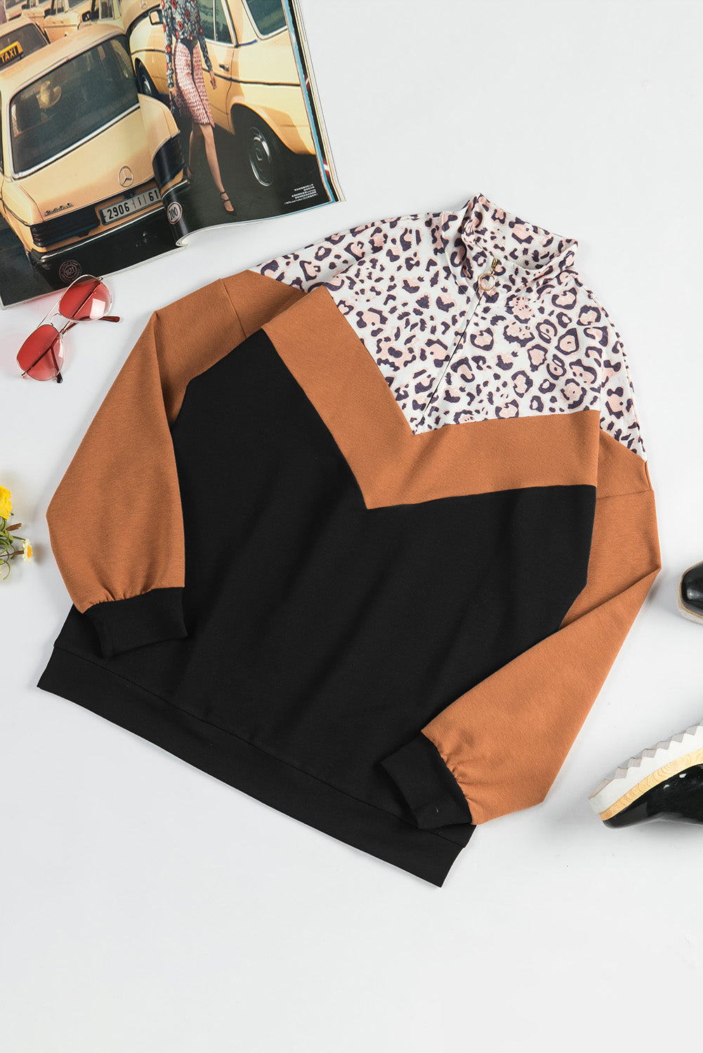 Chevron Leopard Quarter Zip Sweatshirt