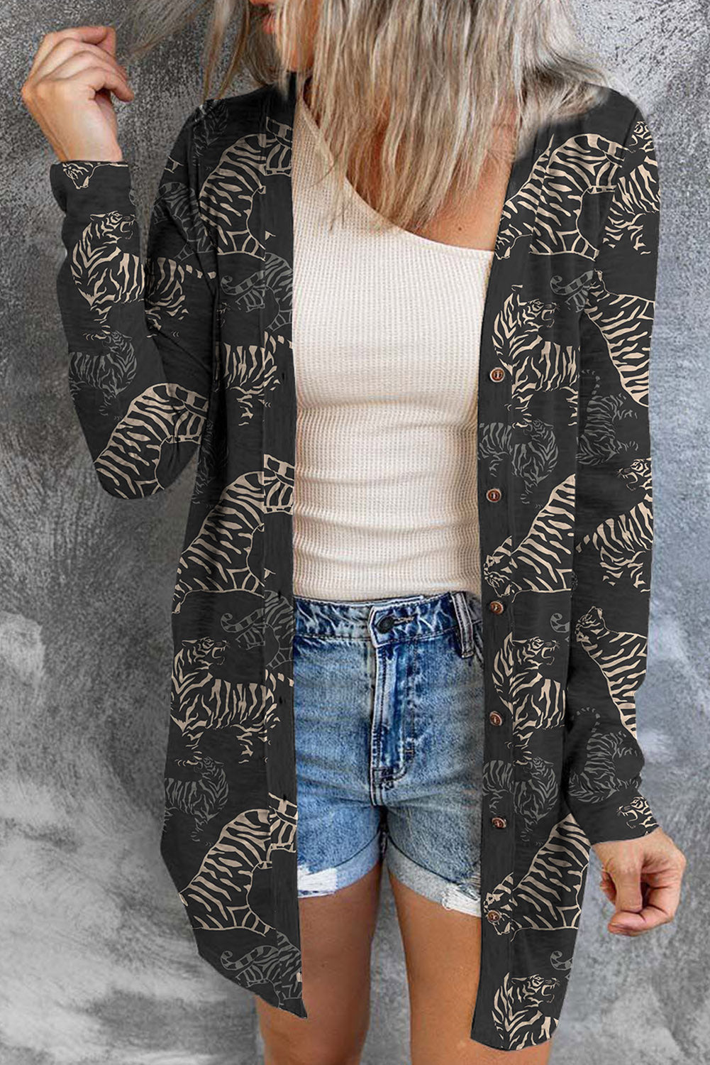 Black Tiger Print Button Front Cardigan