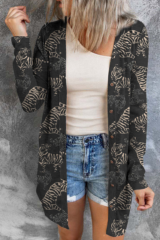 Black Tiger Print Button Front Cardigan