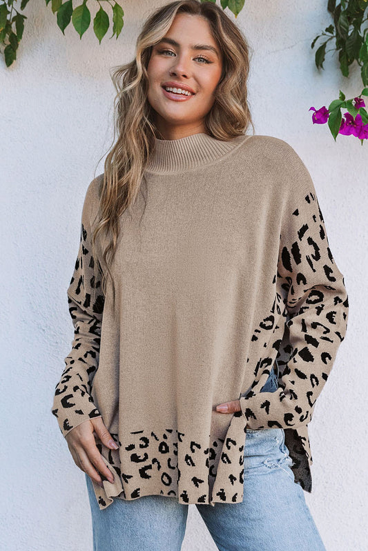 Tan Leopard High Neck Side Slit Oversized Sweater