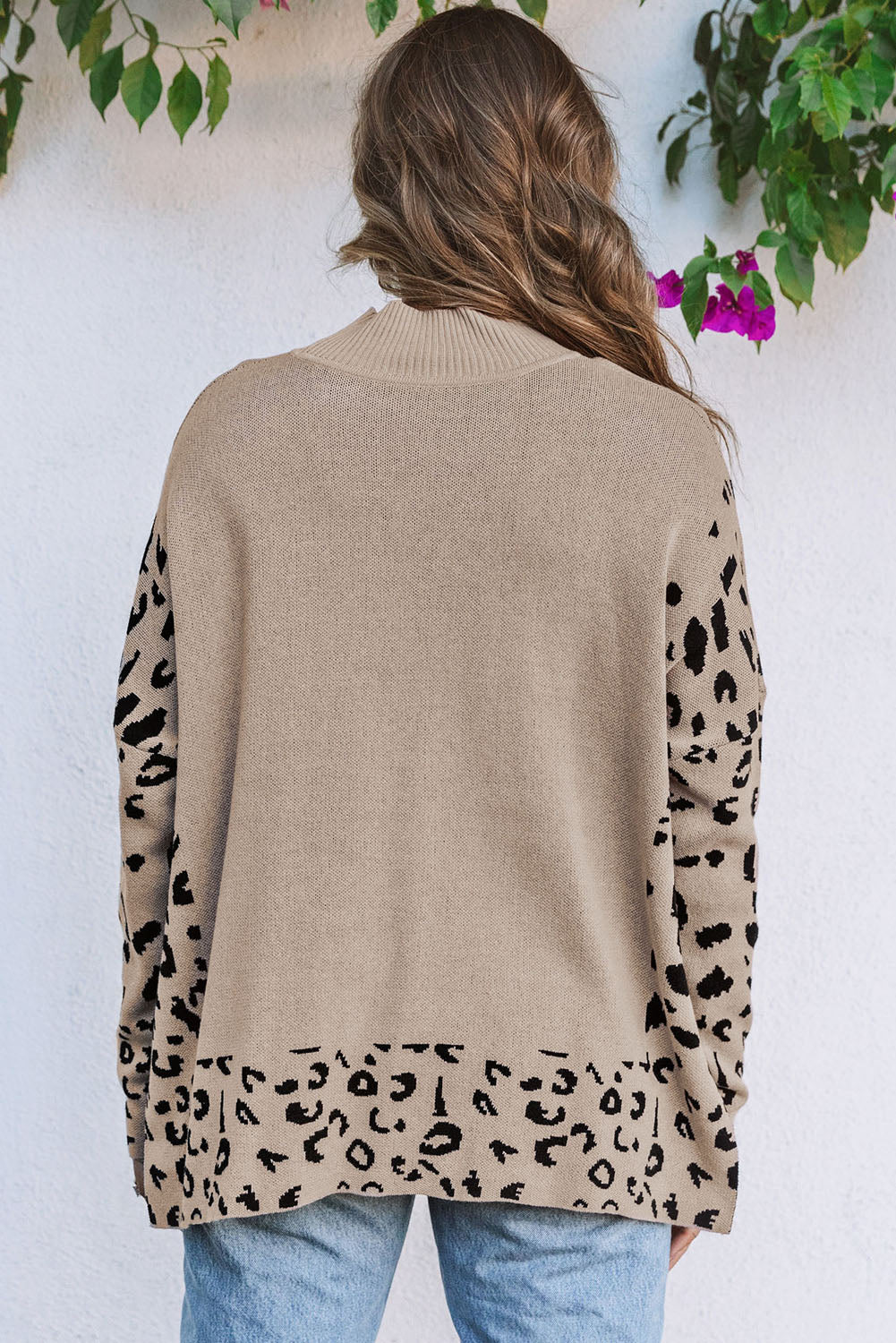 Tan Leopard High Neck Side Slit Oversized Sweater