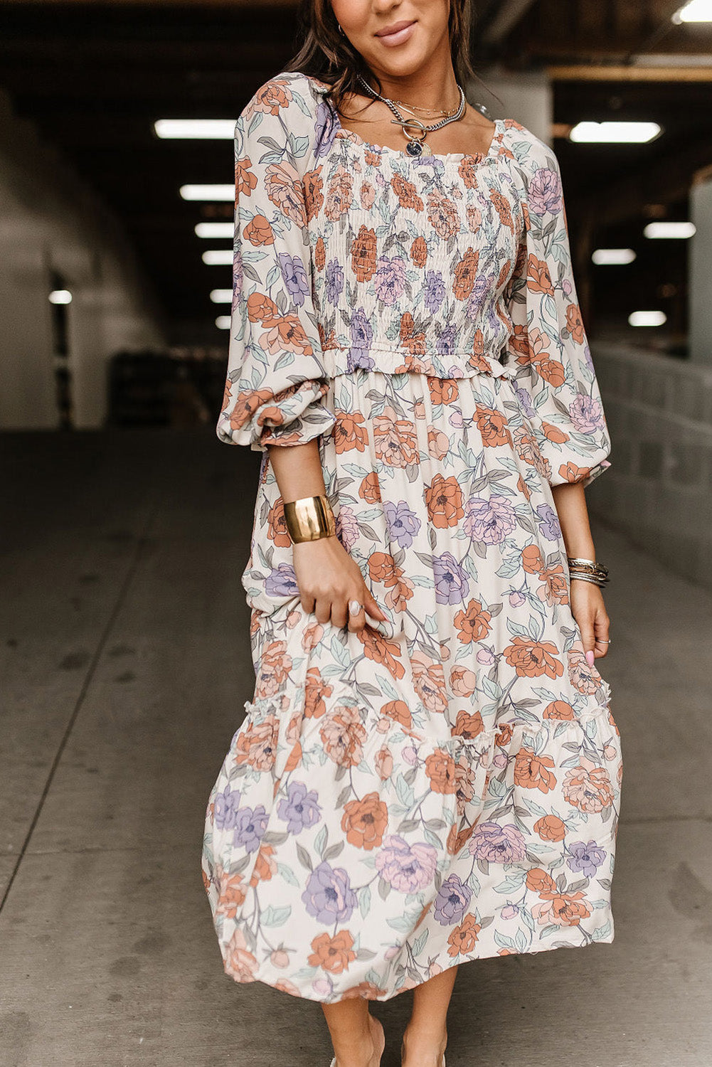 Floral Long Sleeve Pocketed Dress