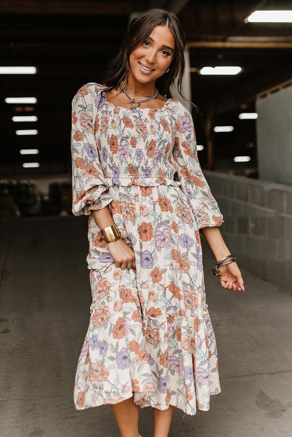 Floral Long Sleeve Pocketed Dress