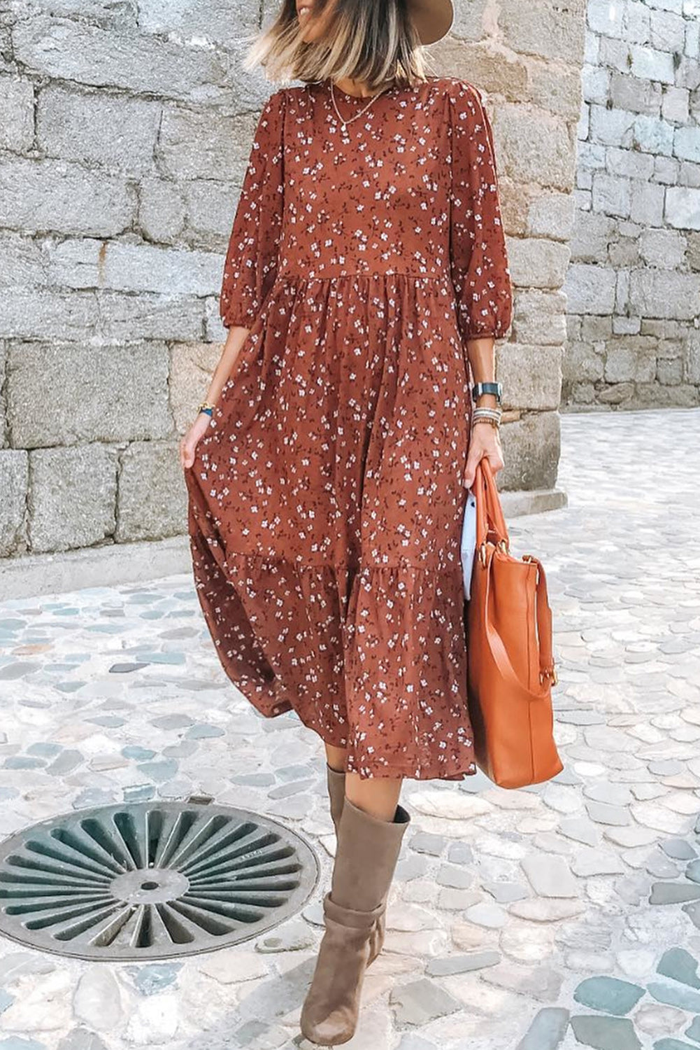 Chestnut Floral Print 3/4 Sleeve Dress