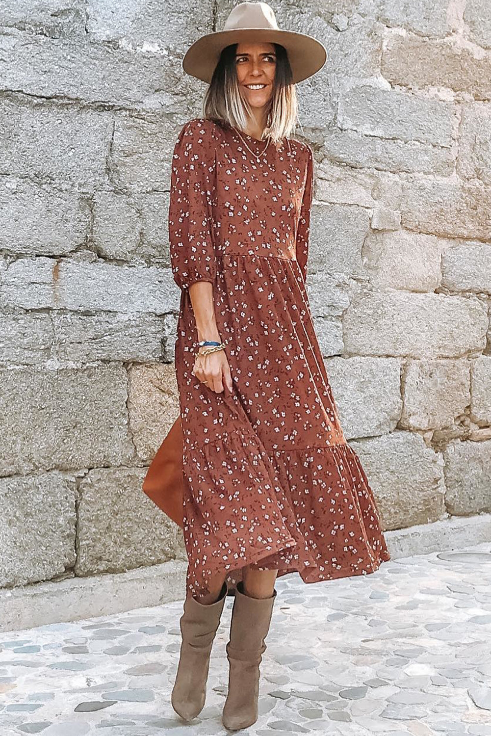 Chestnut Floral Print 3/4 Sleeve Dress