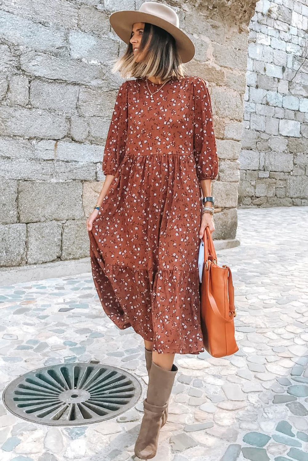 Chestnut Floral Print 3/4 Sleeve Dress