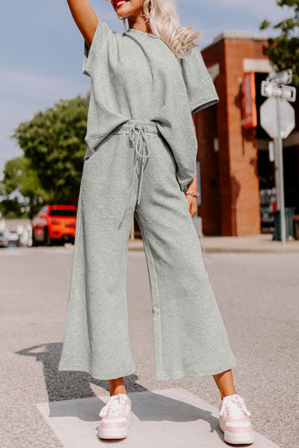 Textured Loose Fit T-Shirt and Drawstring Pants Set